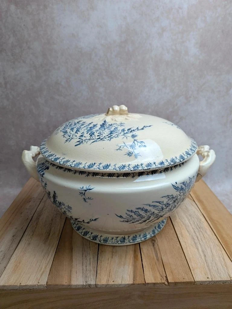 Sopera antigua de terracota Gien – Modelo Helecho – Decoración azul – photo 6